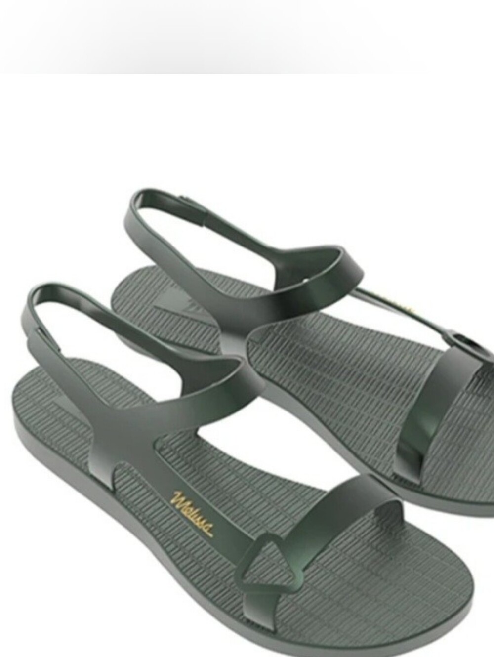 MELISSA SUN DOWNTOWN METALLIC SANDALS. SIZE 7. OLIVE/ METALLIC GOLD.